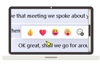 A magnified laptop screen shows a cursor hovering over a row of reaction emojis, including thumbs up, heart, laughing, surprised, and an add emoji button. The emoji pop up panel appears over the chat text, partially covering the content and illustrating how hover interactions can obscure information when zoomed in.
