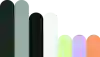 A digital graphic featuring a series of vertically elongated, rounded rectangles arranged side by side in descending height from left to right. Each shape is a different color: dark green, muted teal, black, off-white, neon green, pastel purple. The overall appearance resembles a colorful wave or bar chart with rounded tops.