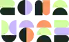 Various shapes composed of colorful semi-circles, quarter-circles, and rectangular shapes arranged in a grid layout. The shapes are in dark green, light green, orange, and purple.