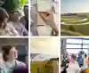 A collage of six images arranged in a 3x2 grid. Top row (left to right): a group of smiling people in a casual meeting, a hand placing sticky notes on a wall, and a scenic view of a winding river through grassy hills. Bottom row (left to right): a focused woman wearing glasses in a meeting, a coastal path leading to white cliffs by the sea, and a cheerful group of people listening attentively in a well-lit room with large windows and a brick wall.